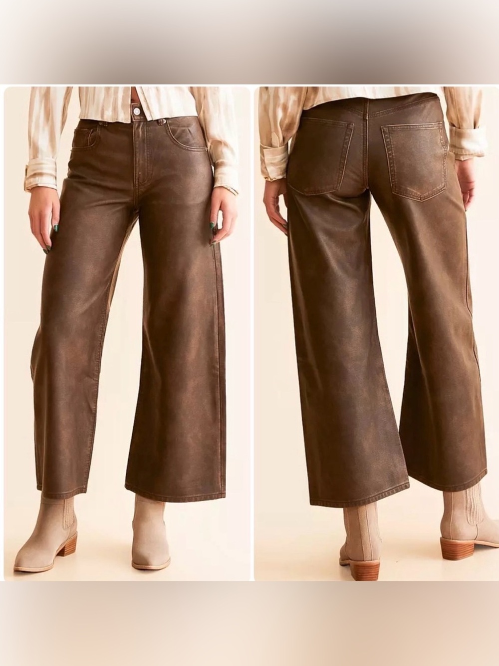 We the free Misha Faux Leather Wide Leg Barrel Pant in Brown Sz 26 boho NWOT new